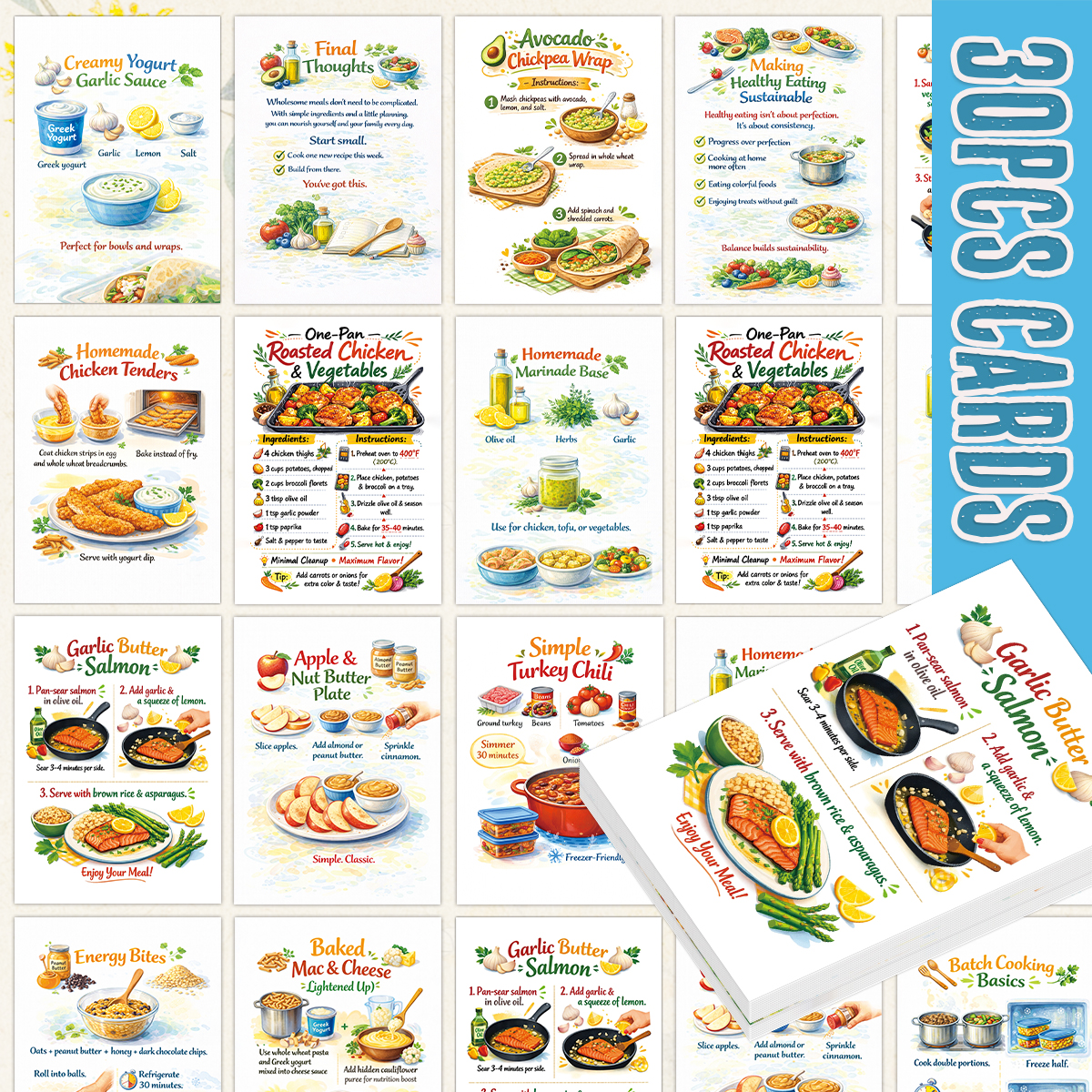 Meal Prep Healthy Recipes - 30pcs Wholesome Meals Recipe Cards,Simple Healthy