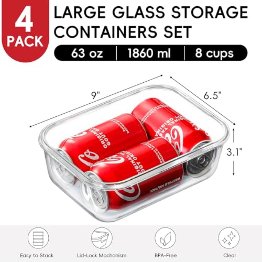 4 Pack 8 Cups/ 63oz Large Glas - đánh giá và giá Meal Prep Containers